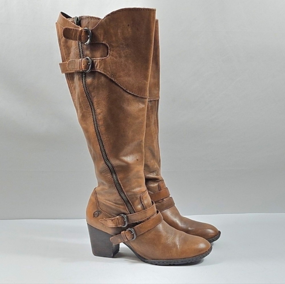 Born Milari Marrone Brown Leather Buckle Strap Tall Knee High Block Heel Boot - Picture 3 of 16